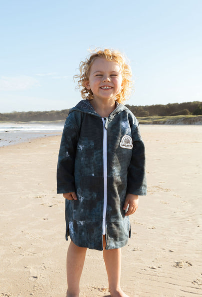 Kids hooded towel in dark stormy design – long sleeve