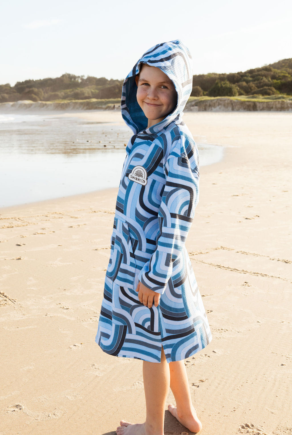 Microfibre beach towel for kids – zipped, blue tones