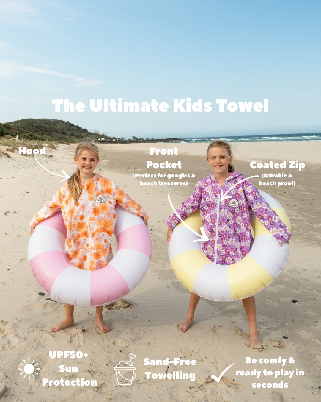 Kids Wearable Towel – Floral Fun - Sand-Free Hooded Beach Towel
