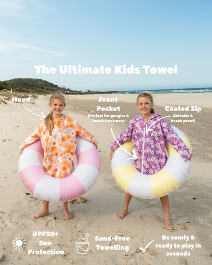Kids Wearable Towel – Floral Fun - Sand-Free Hooded Beach Towel